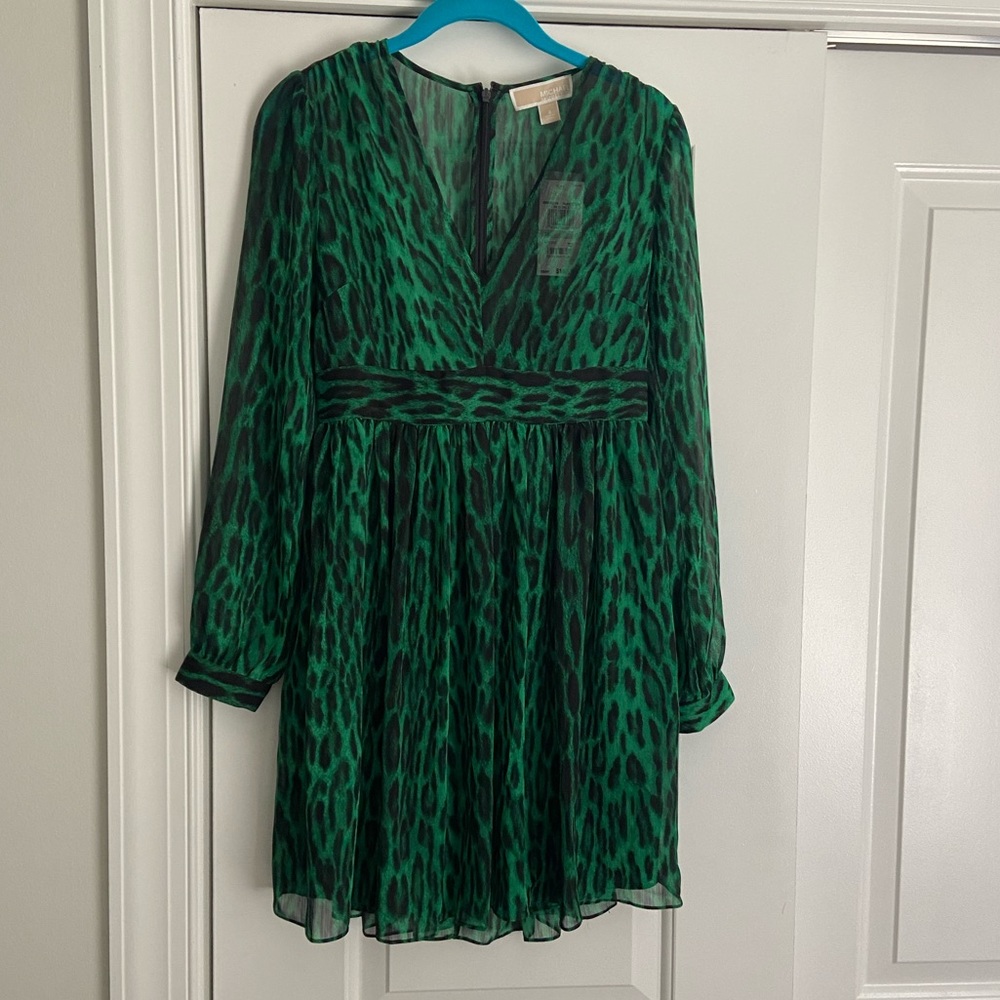 Michael Kors green leopard long sleeve dress 0 new